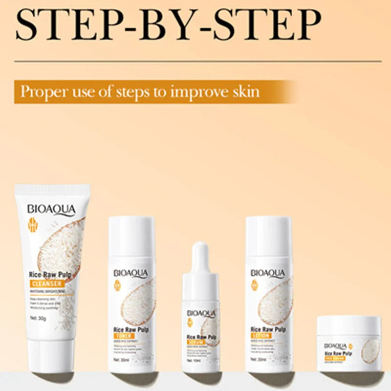 BIOAQUA Whitening & Brightening Rice Pulp Skincare Set – Travel Size (5 Pieces)