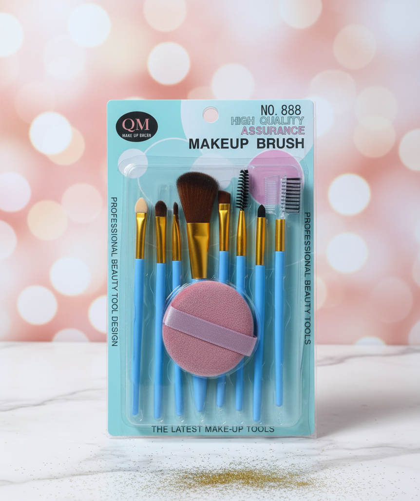 QM 888 Premium Makeup Brush Set – 9-Piece Pink Beauty Kit with Face Puff