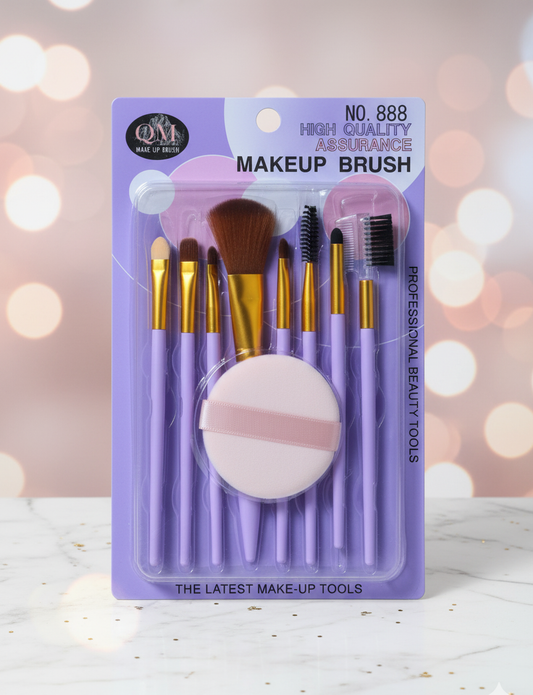 QM 888 Premium Makeup Brush Set – 9-Piece Pink Beauty Kit with Face Puff