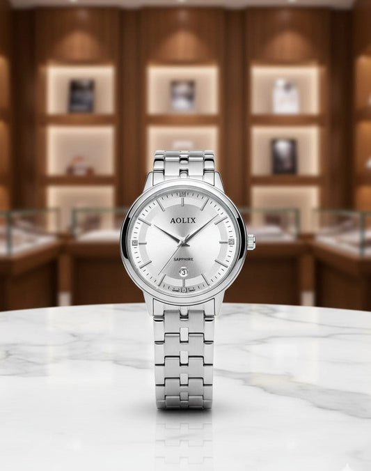 AOLIX Elegant Silver Case Wristwatch – Timeless Sophistication