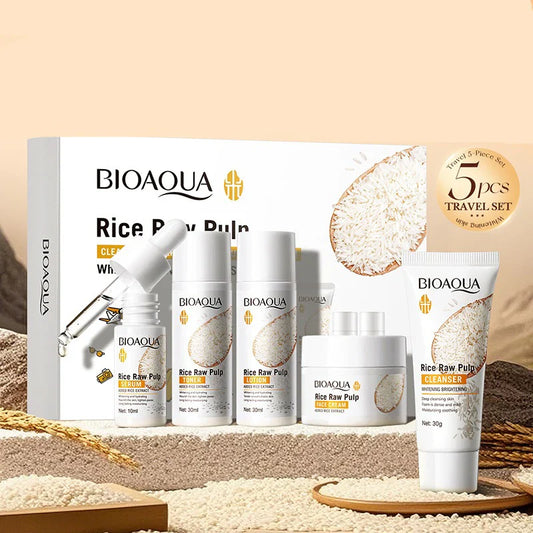 BIOAQUA Whitening & Brightening Rice Pulp Skincare Set – Travel Size (5 Pieces)
