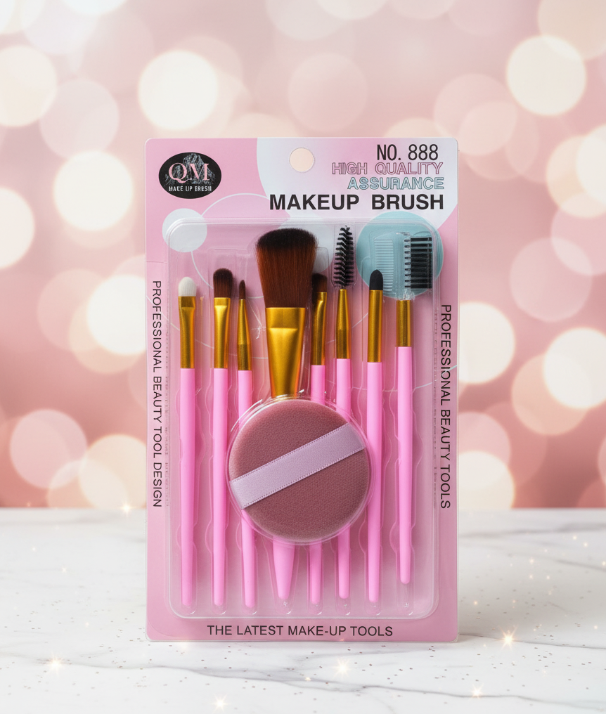 QM 888 Premium Makeup Brush Set – 9-Piece Pink Beauty Kit with Face Puff