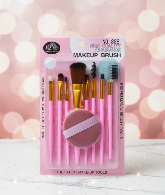 QM 888 Premium Makeup Brush Set – 9-Piece Pink Beauty Kit with Face Puff