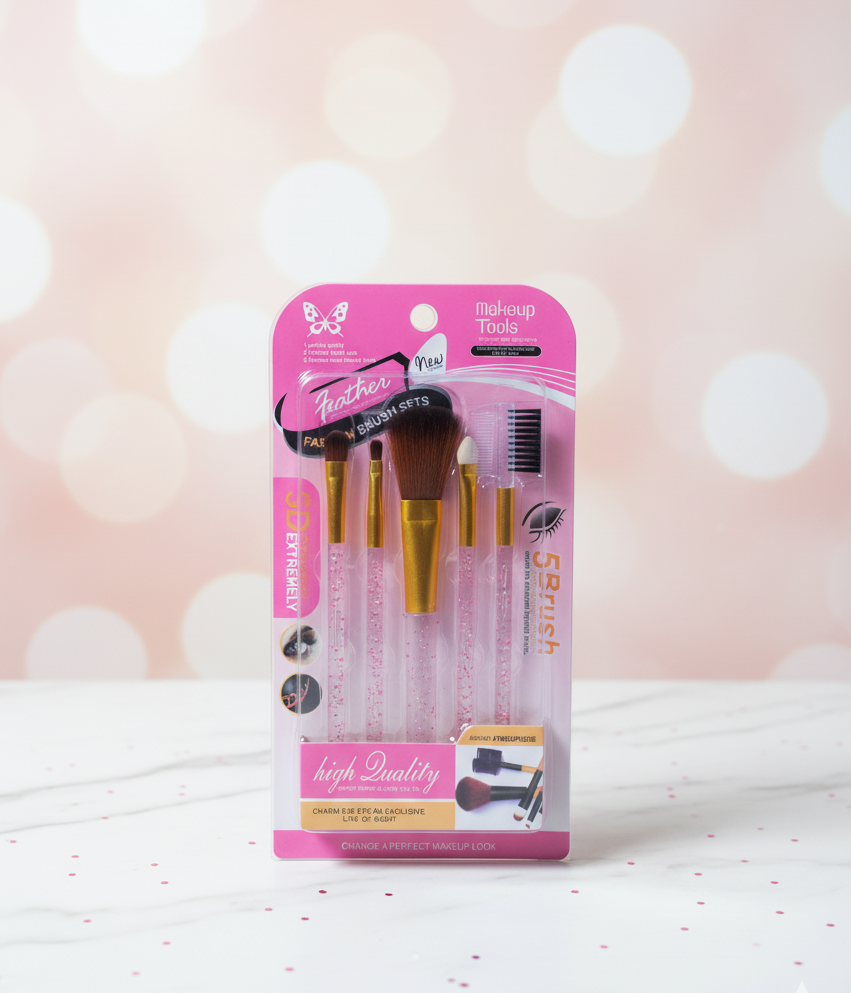 Feather 5-Piece Makeup Brush Set – High Quality Pink Glitter Beauty Kit