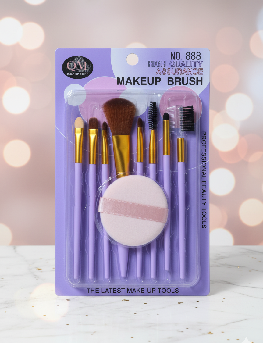 QM 888 Premium Makeup Brush Set – 9-Piece Pink Beauty Kit with Face Puff