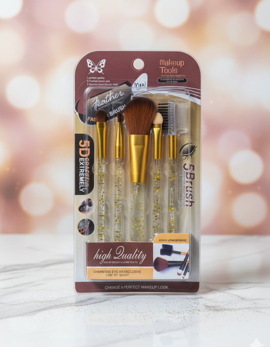 5-Piece Premium Makeup Brush Set – Gold Glitter Handle Beauty Tools