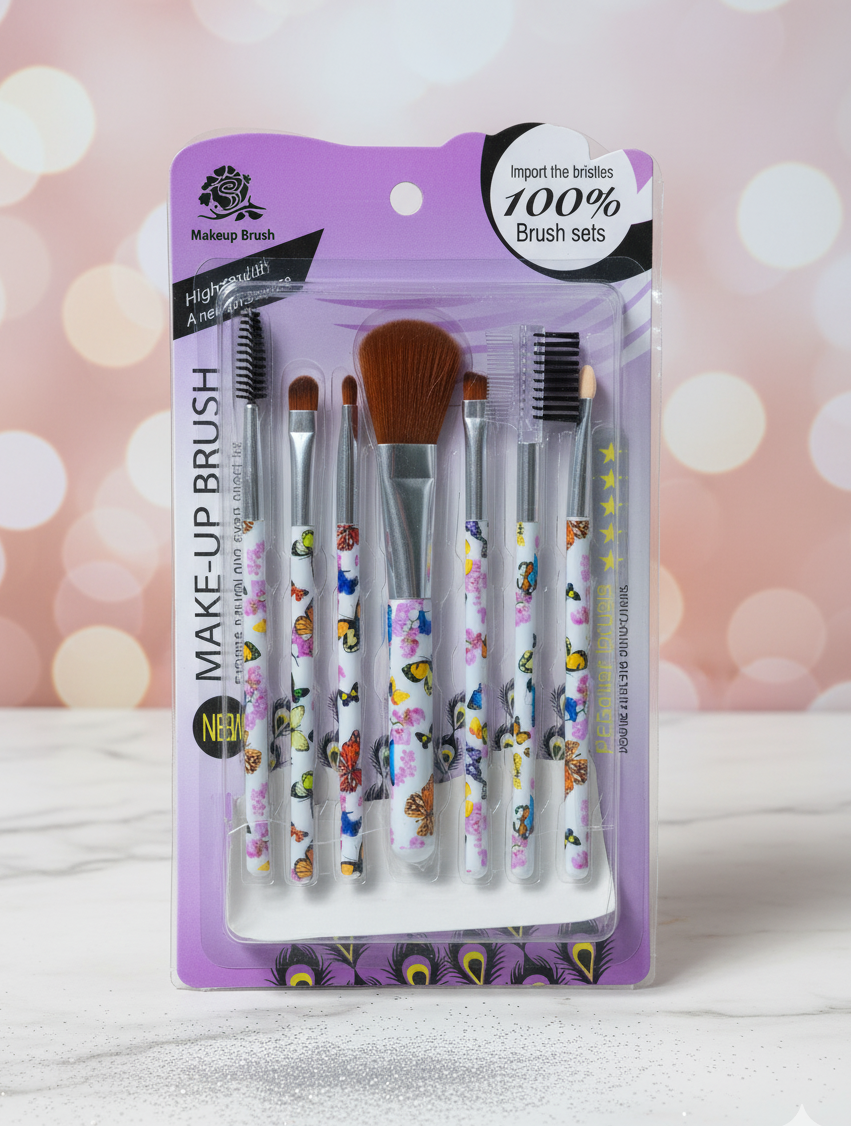 7-Piece Floral Makeup Brush Set – Soft Bristles & Butterfly Printed Handles