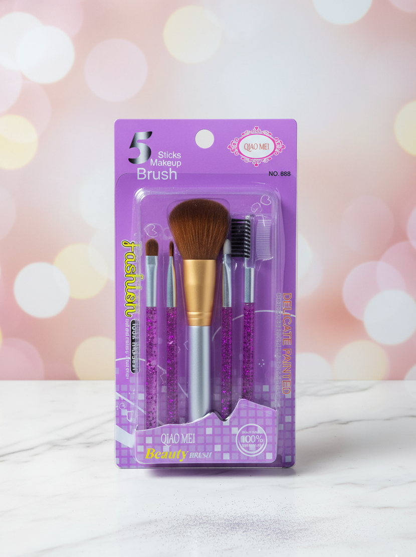 5-Piece QIAO MEI Professional Makeup Brush Set – Glitter Handle Beauty Kit