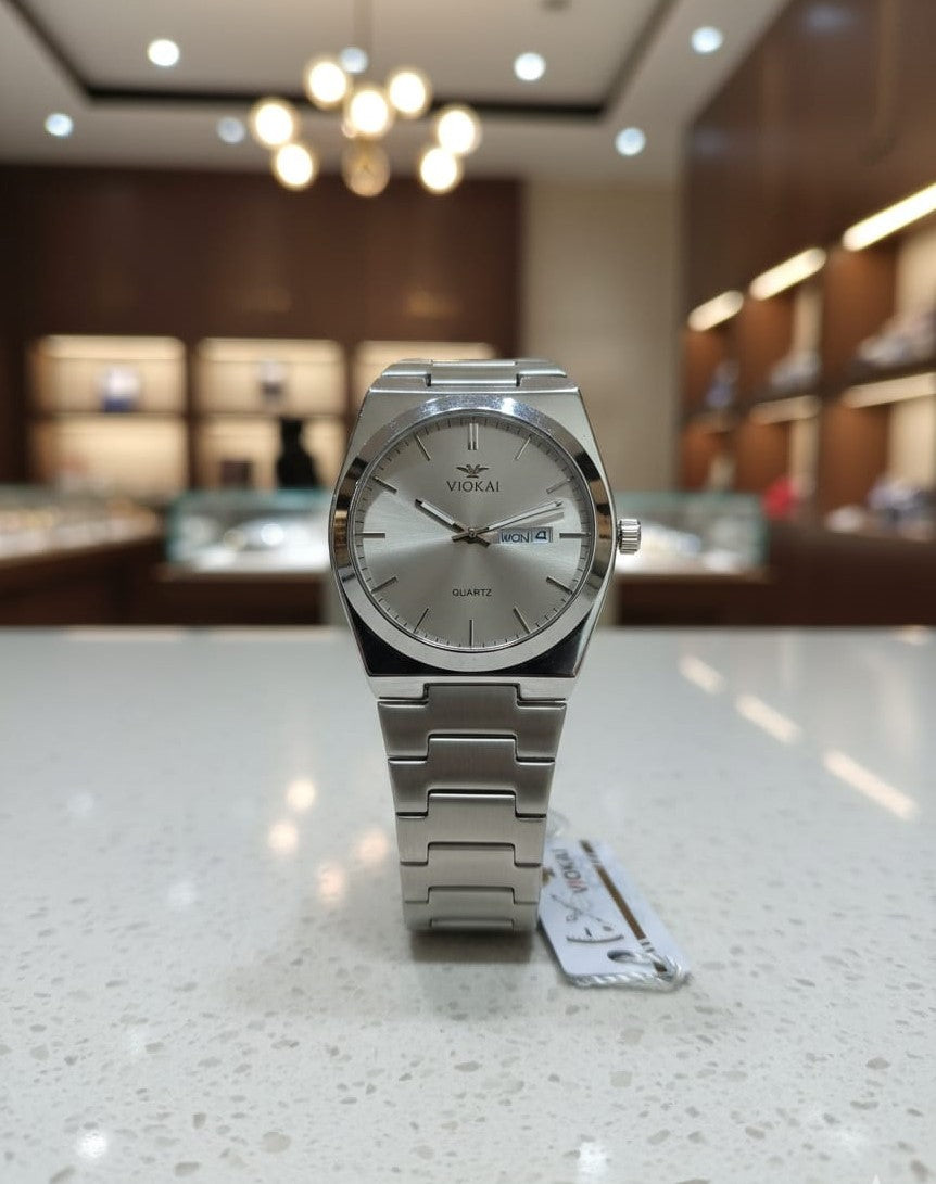 Viokai Classic Stainless Steel Quartz Watch for Men – Silver Dial