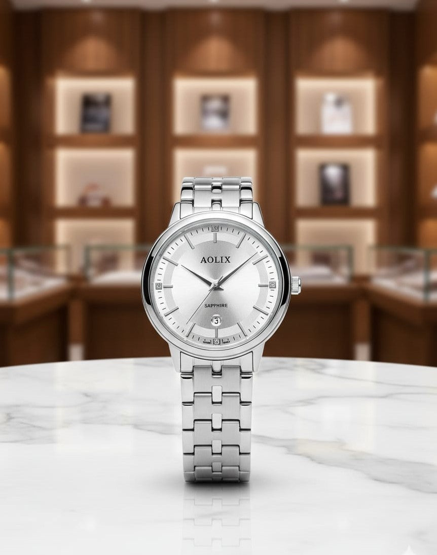 AOLIX Elegant Silver Case Wristwatch – Timeless Sophistication